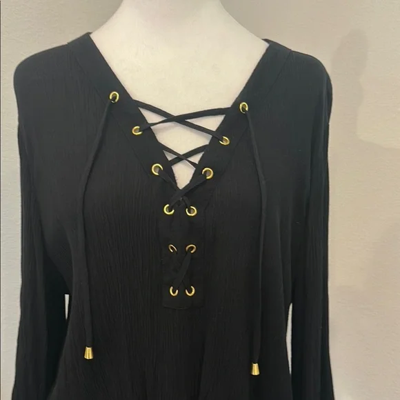 INC International Concepts Black Lace-Up Blouse - Picture 2 of 8